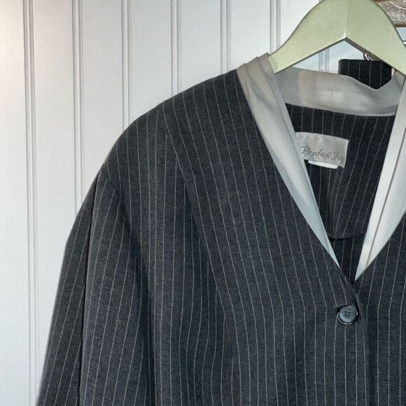 Pride & Joy Button Front Suit Jacket & Skirt Womens Gray Pinstriped Pleated Neck - Picture 2 of 8